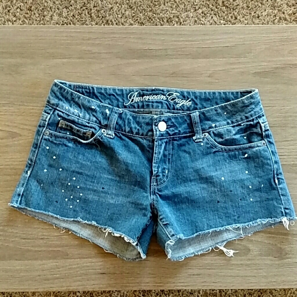 American Eagle Paint Speckled Raw Hem Jean Shorts